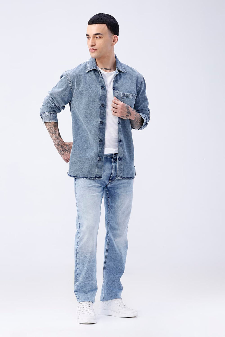 BASICS RELAXED FIT BLUE COTTON STRETCH TWILL OPEN COLLAR SHACKET
