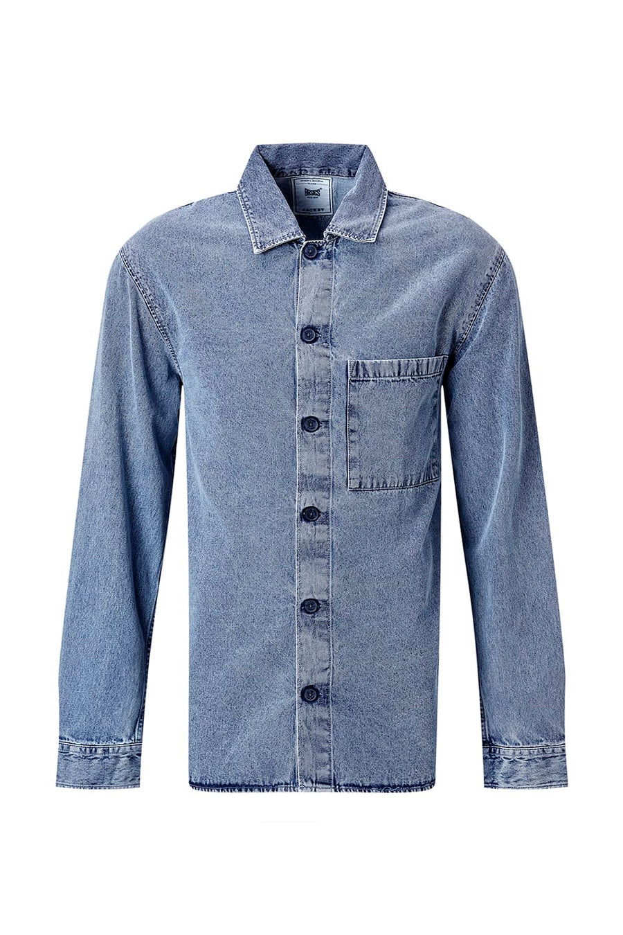 BASICS RELAXED FIT BLUE COTTON STRETCH TWILL OPEN COLLAR SHACKET