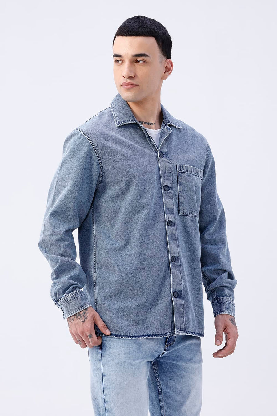BASICS RELAXED FIT BLUE COTTON STRETCH TWILL OPEN COLLAR SHACKET