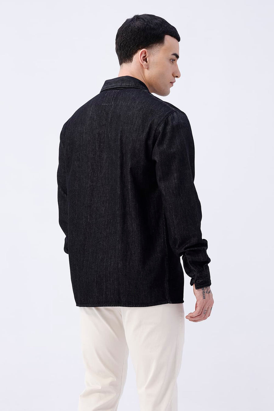 BASICS RELAXED FIT BLACK COTTON STRETCH TWILL OPEN COLLAR SHACKET