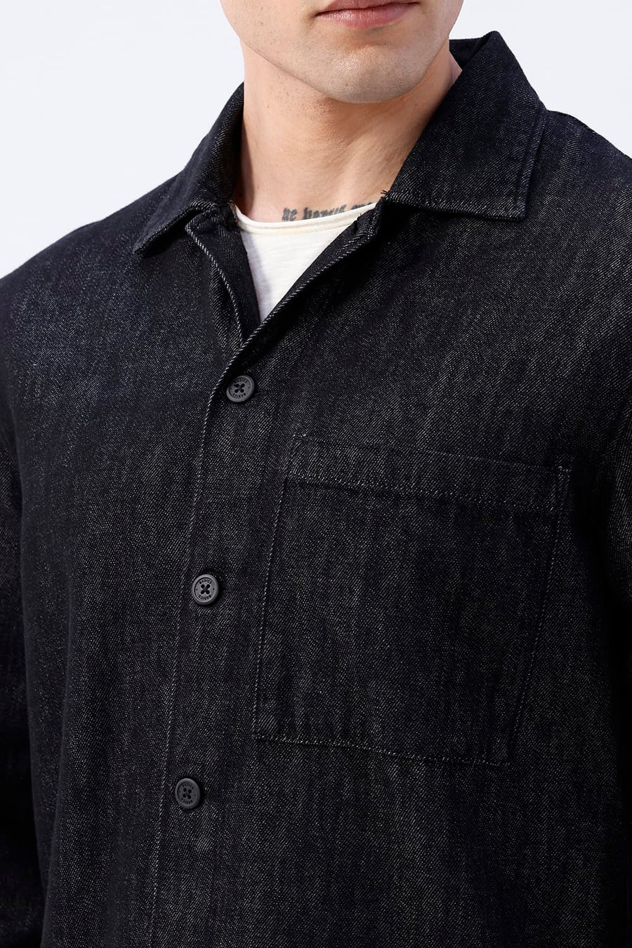 BASICS RELAXED FIT BLACK COTTON STRETCH TWILL OPEN COLLAR SHACKET