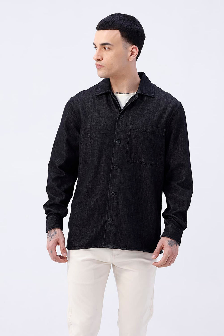 BASICS RELAXED FIT BLACK COTTON STRETCH TWILL OPEN COLLAR SHACKET