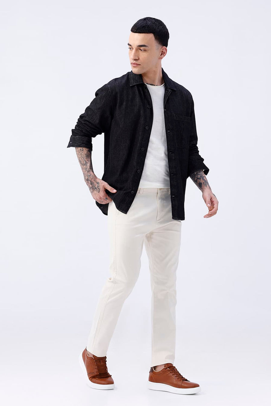BASICS RELAXED FIT BLACK COTTON STRETCH TWILL OPEN COLLAR SHACKET