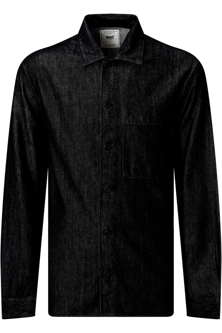 BASICS RELAXED FIT BLACK COTTON STRETCH TWILL OPEN COLLAR SHACKET