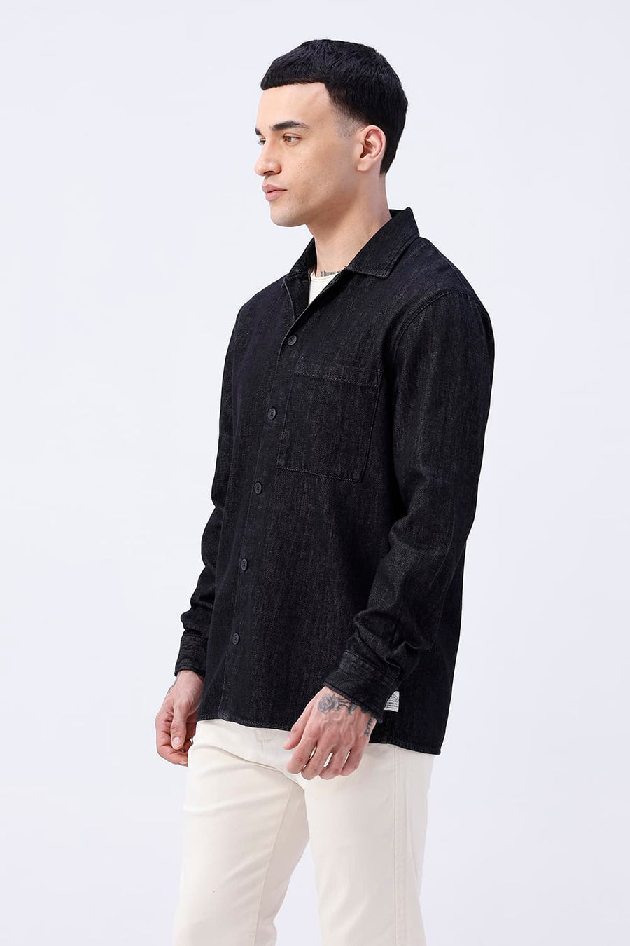 BASICS RELAXED FIT BLACK COTTON STRETCH TWILL OPEN COLLAR SHACKET