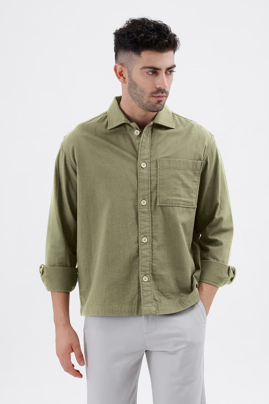 BASICS RELAXED FIT LICHEN OLIVE COTTON DOUBLE CLOTH JACKET