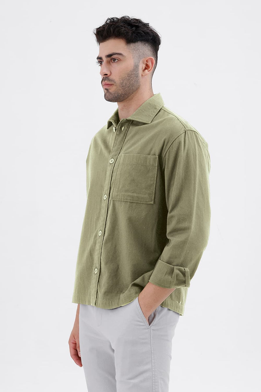 BASICS RELAXED FIT LICHEN OLIVE COTTON DOUBLE CLOTH JACKET
