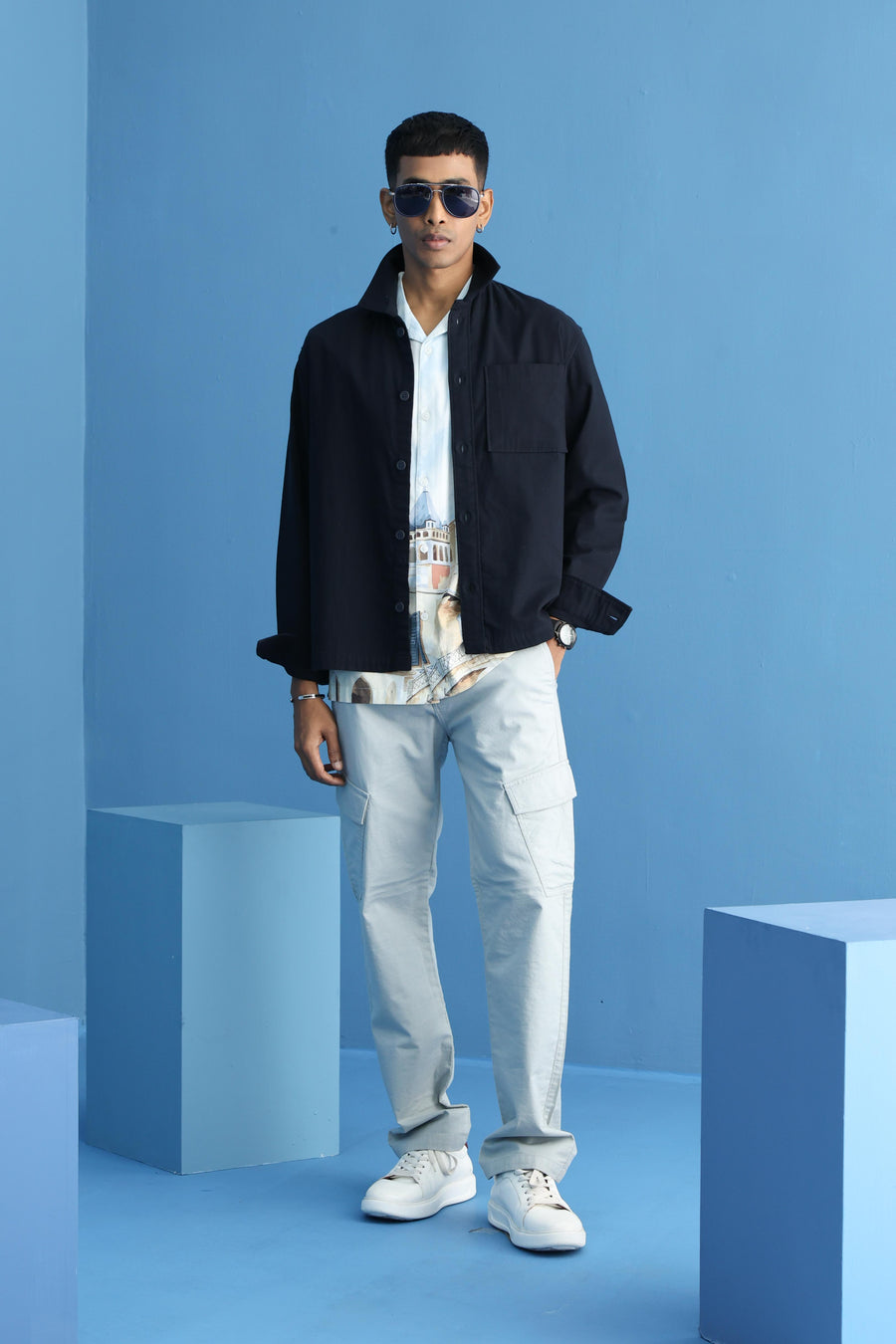 BASICS RELAXED FIT VULCAN NAVY COTTON DOUBLE CLOTH JACKET