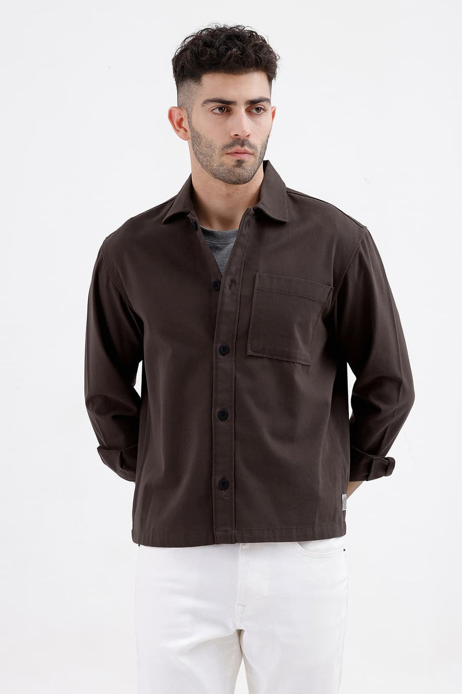BASICS RELAXED FIT GRAY BROWN COTTON TWILL JACKET