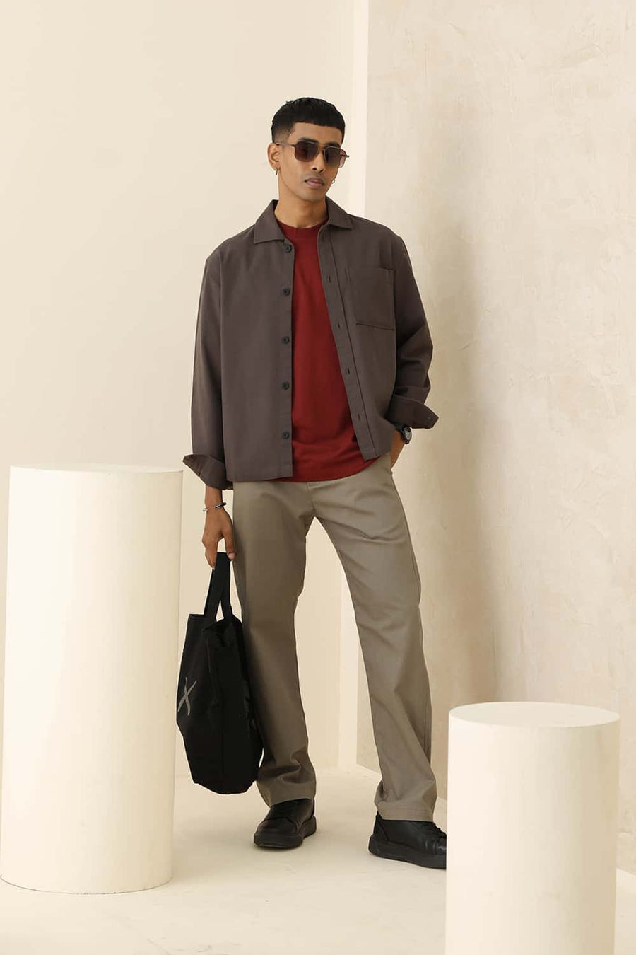 BASICS RELAXED FIT GRAY BROWN COTTON TWILL JACKET
