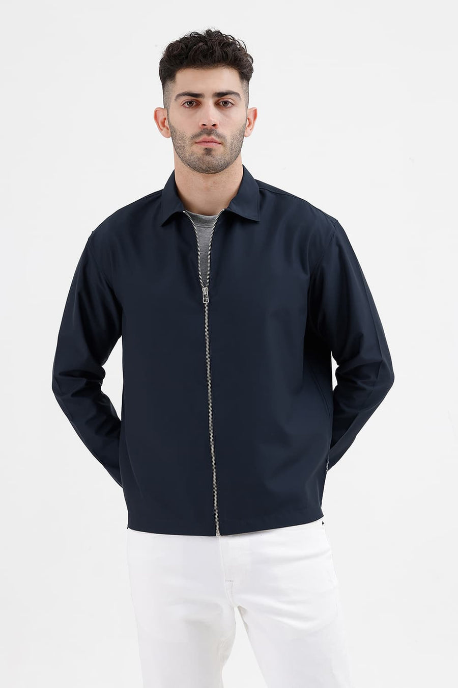 BASICS RELAXED FIT COLLEGIATE NAVY POLYESTER TWILL JACKET