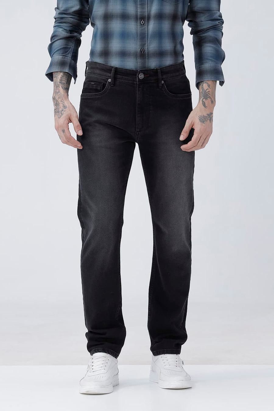 BASICS BLADE FIT BLUE COTTON POLYESTER STRETCH PLAIN JEANS