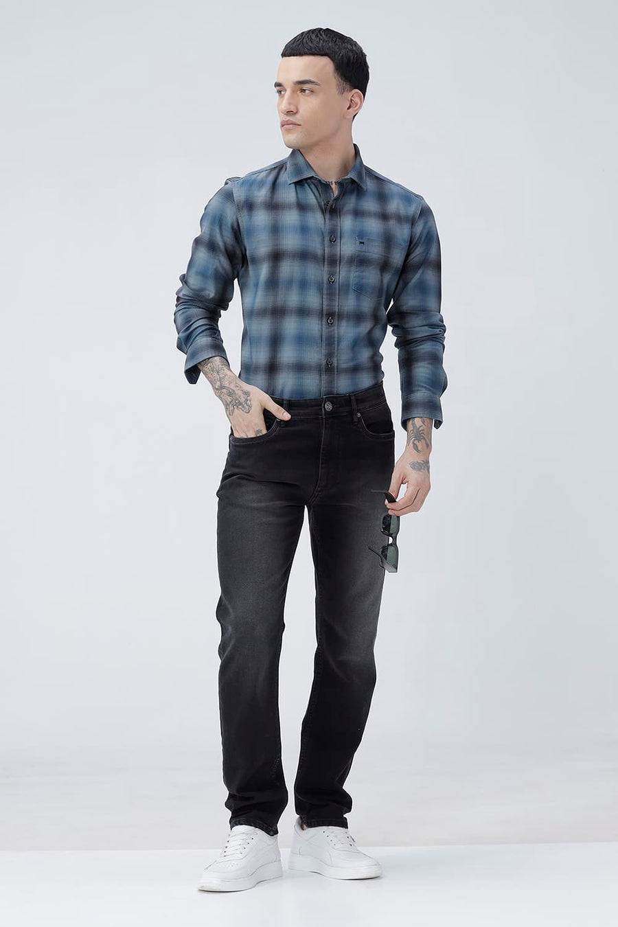 BASICS BLADE FIT BLUE COTTON POLYESTER STRETCH PLAIN JEANS
