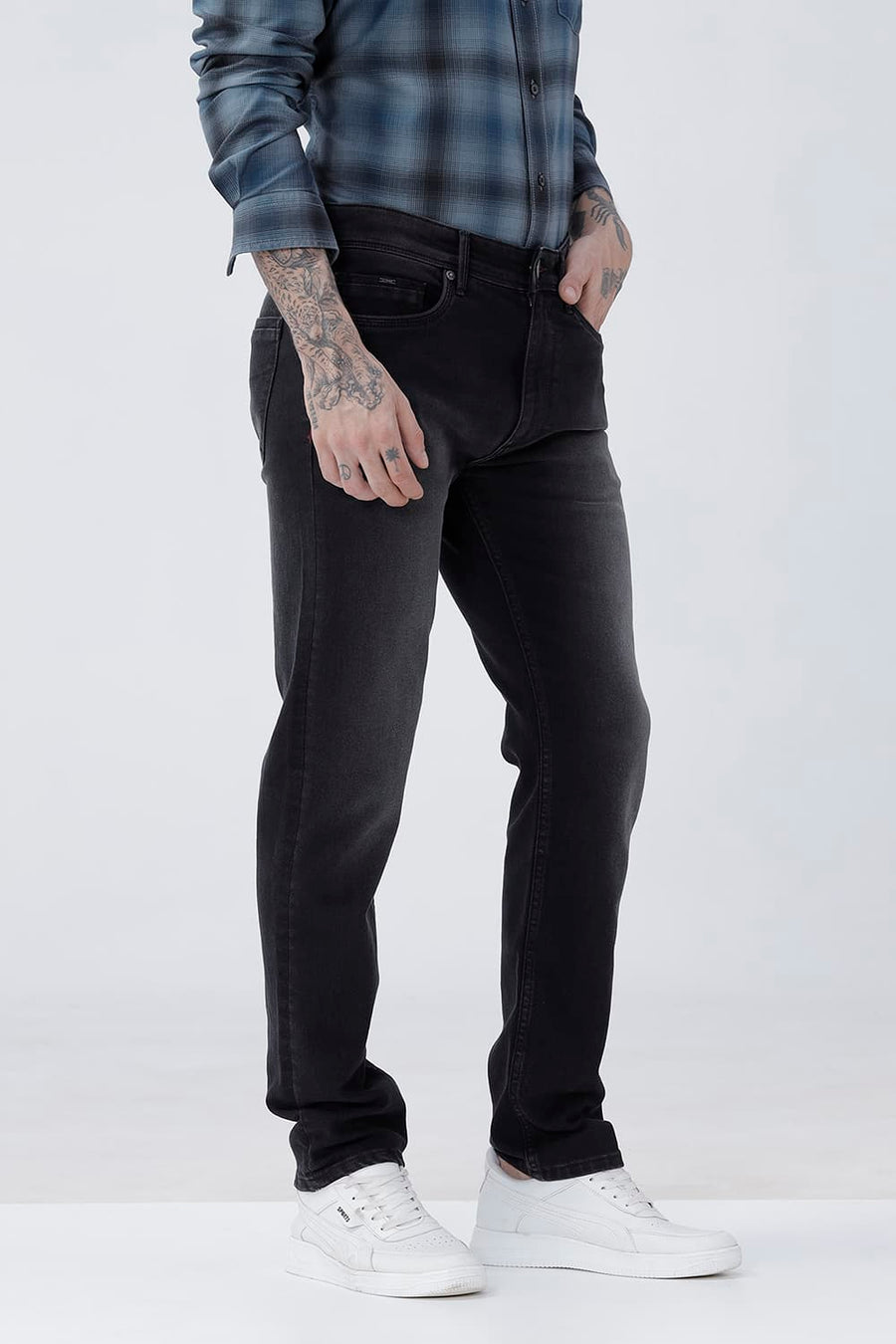 BASICS BLADE FIT BLUE COTTON POLYESTER STRETCH PLAIN JEANS