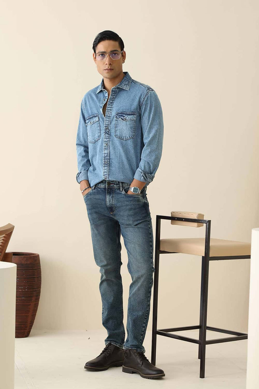 Basics Drift Fit Olive Cotton Stretch Plain Jeans