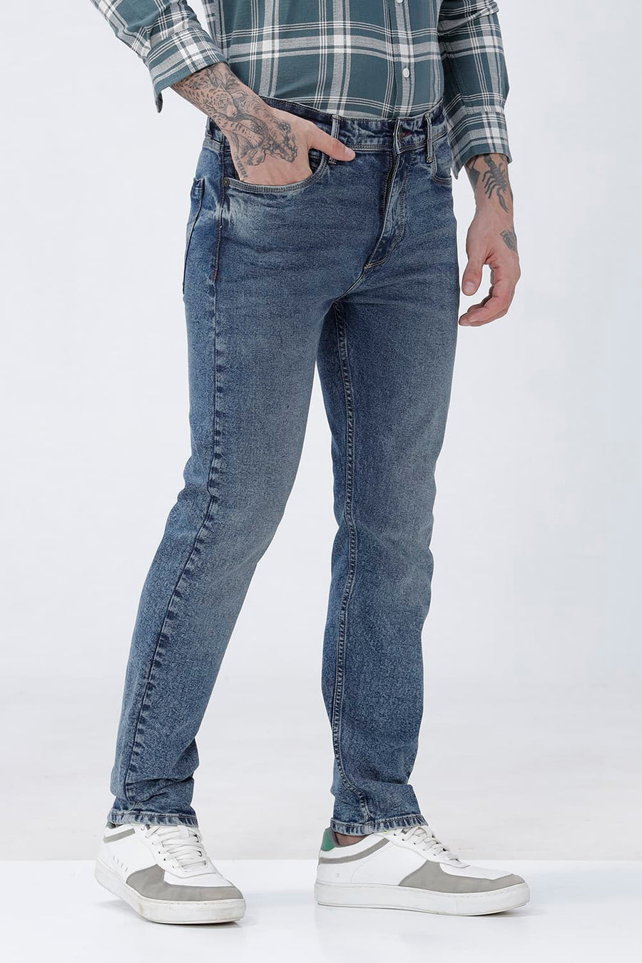 BASICS DRIFT FIT OLIVE COTTON STRETCH PLAIN JEANS