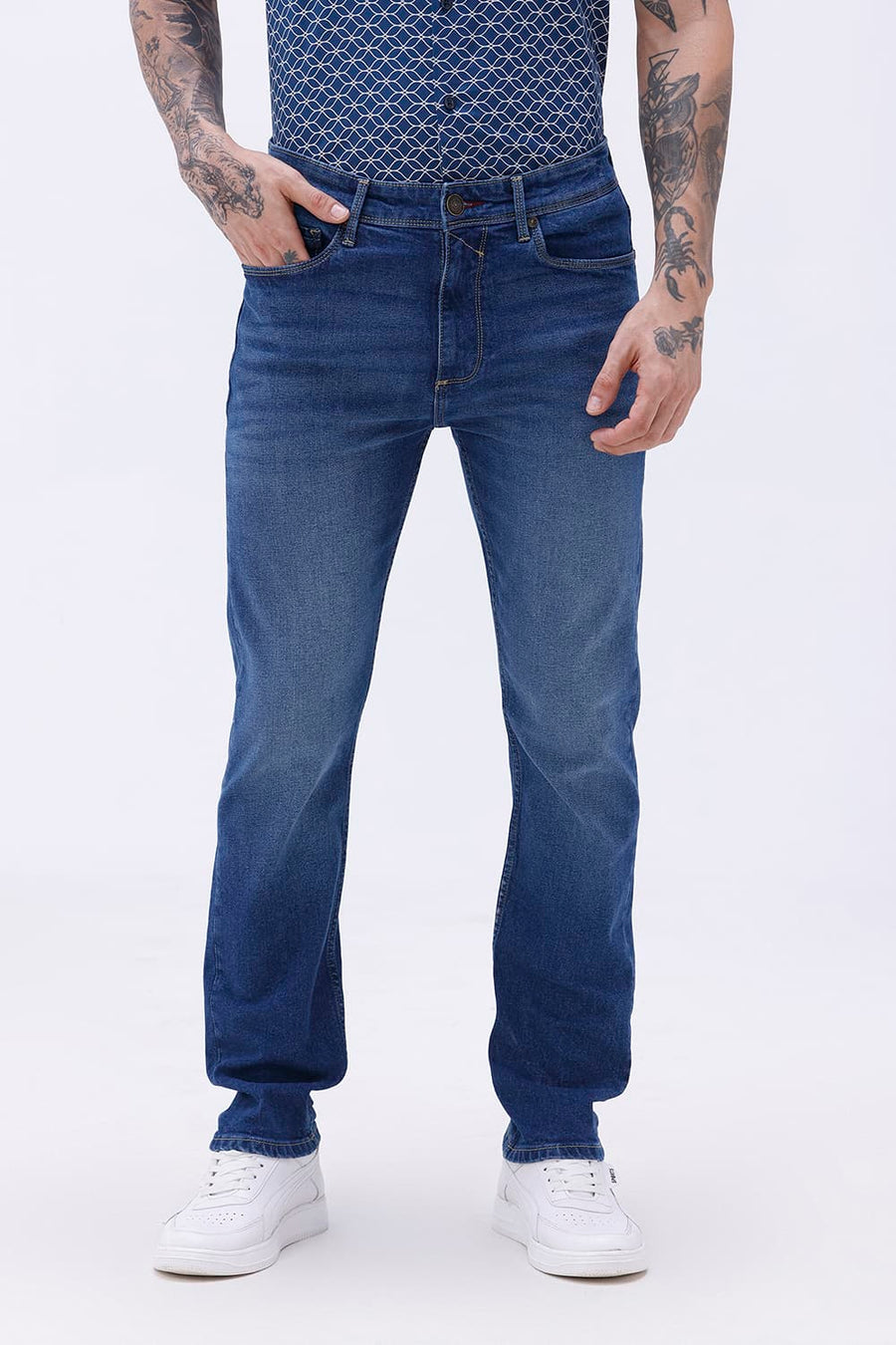 BASICS BLADE FIT GREEN COTTON STRETCH PLAIN JEANS
