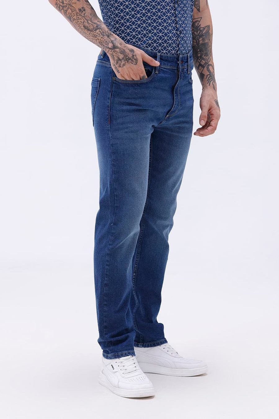 BASICS BLADE FIT GREEN COTTON STRETCH PLAIN JEANS