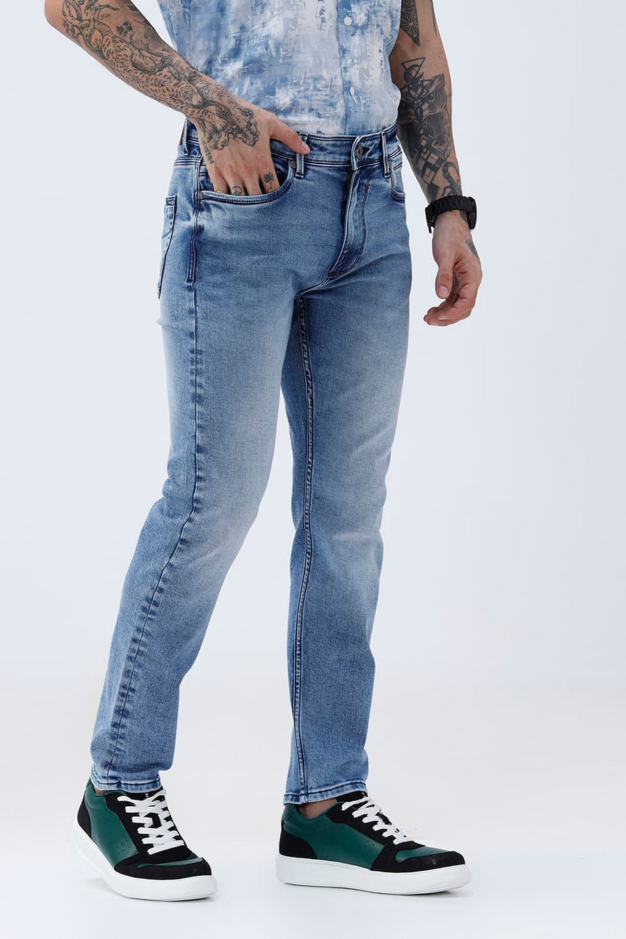 BASICS DRIFT FIT BEIGE COTTON POLYESTER STRETCH PLAIN JEANS