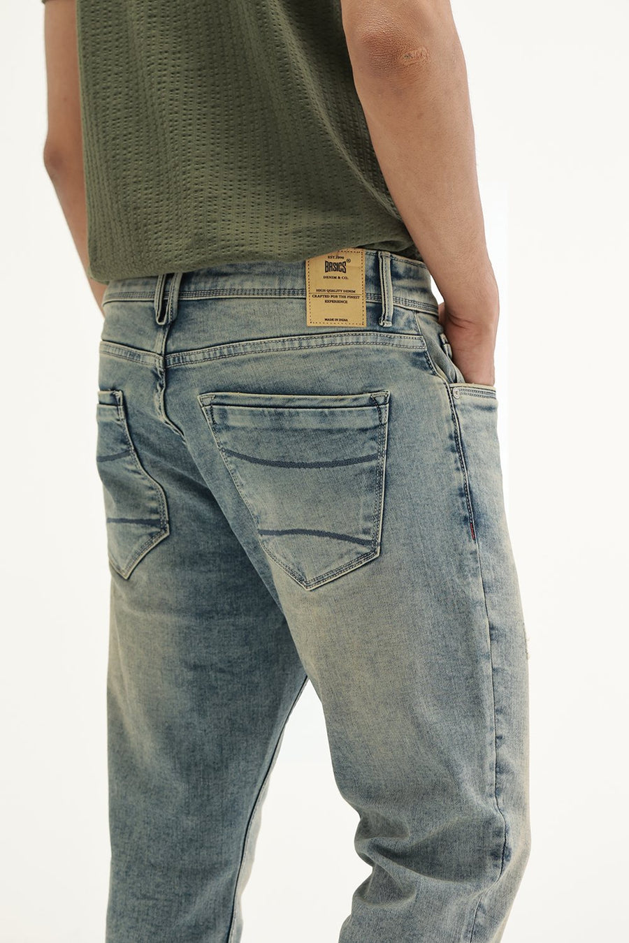BASICS BLADE FIT GREEN COTTON POLYESTER STRETCH PLAIN JEANS