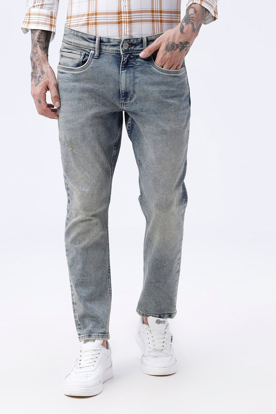 BASICS BLADE FIT GREEN COTTON POLYESTER STRETCH PLAIN JEANS