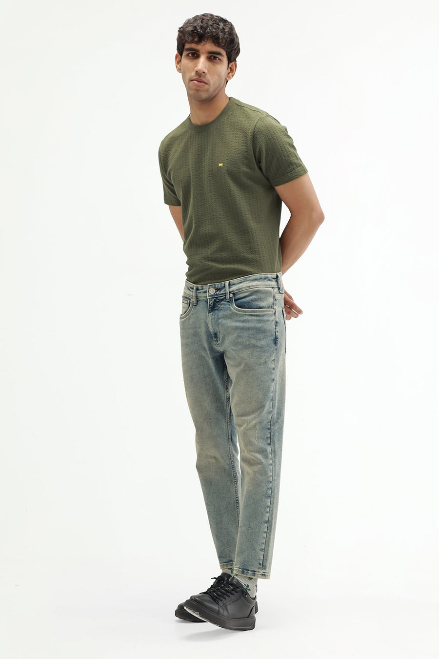 BASICS BLADE FIT GREEN COTTON POLYESTER STRETCH PLAIN JEANS