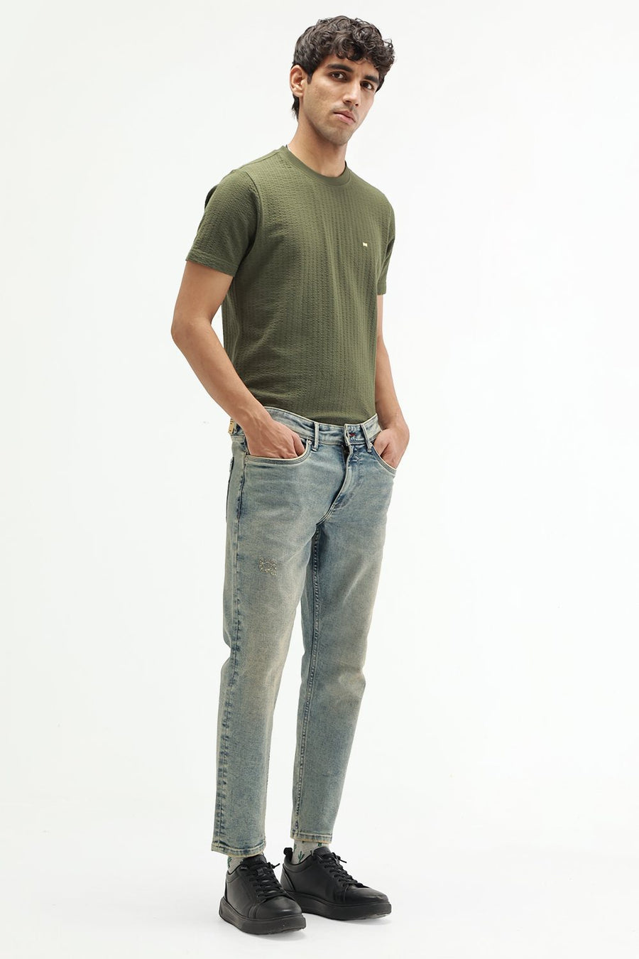 BASICS BLADE FIT GREEN COTTON POLYESTER STRETCH PLAIN JEANS