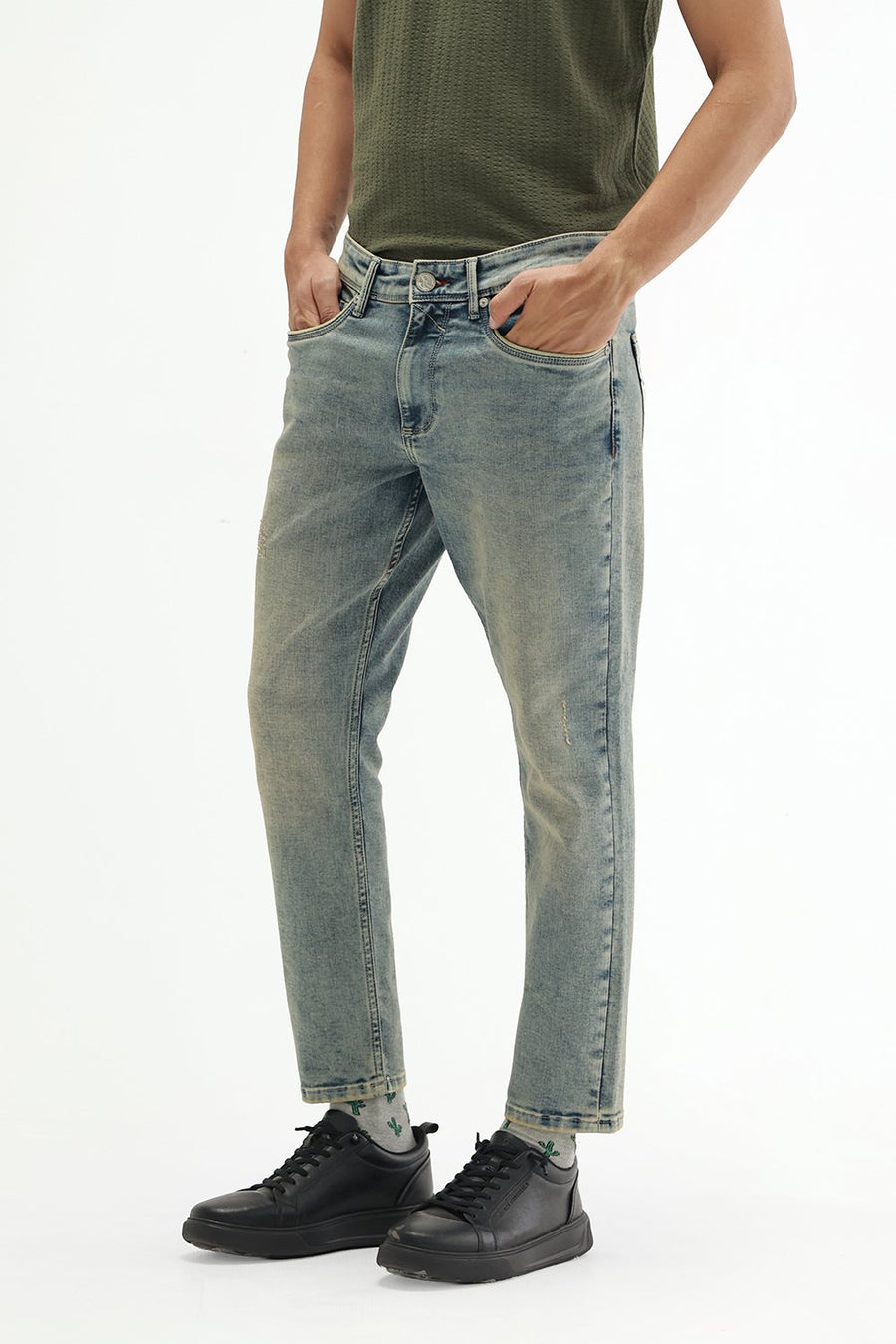 BASICS BLADE FIT GREEN COTTON POLYESTER STRETCH PLAIN JEANS