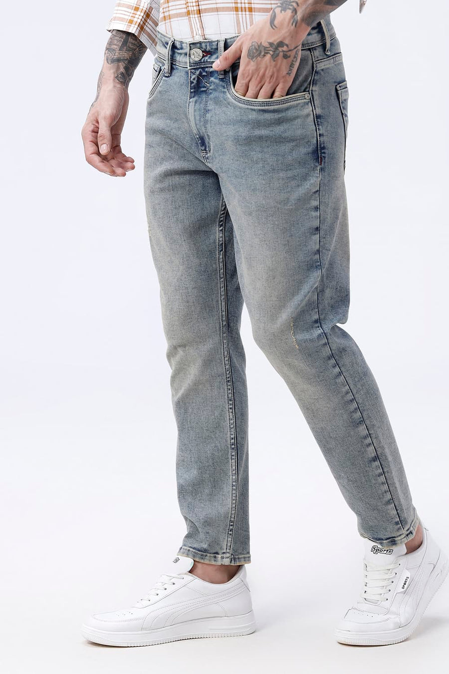 BASICS BLADE FIT GREEN COTTON POLYESTER STRETCH PLAIN JEANS