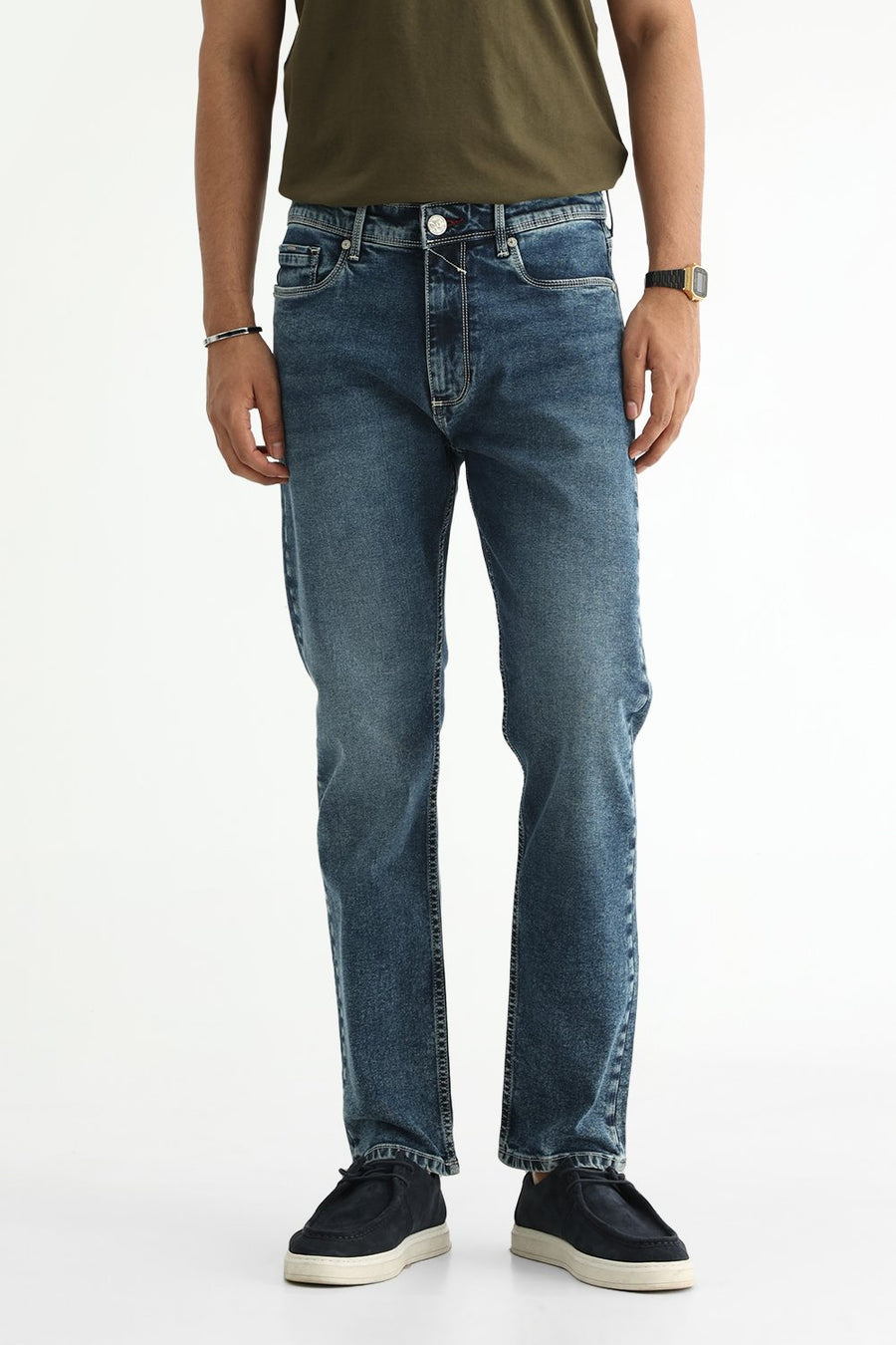 BASICS BLADE FIT TEAL COTTON STRETCH PLAIN JEANS