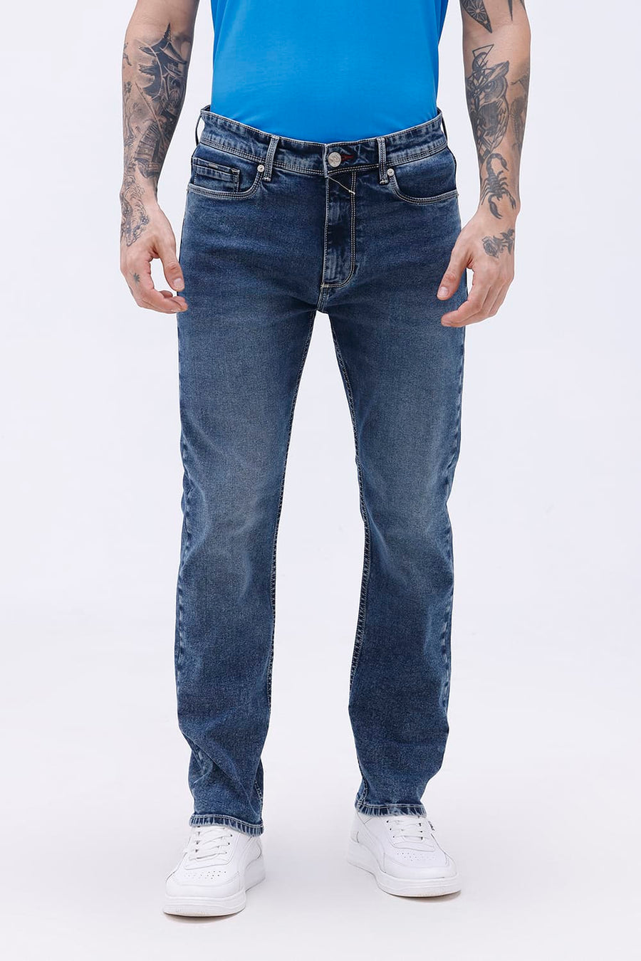 BASICS BLADE FIT TEAL COTTON STRETCH PLAIN JEANS