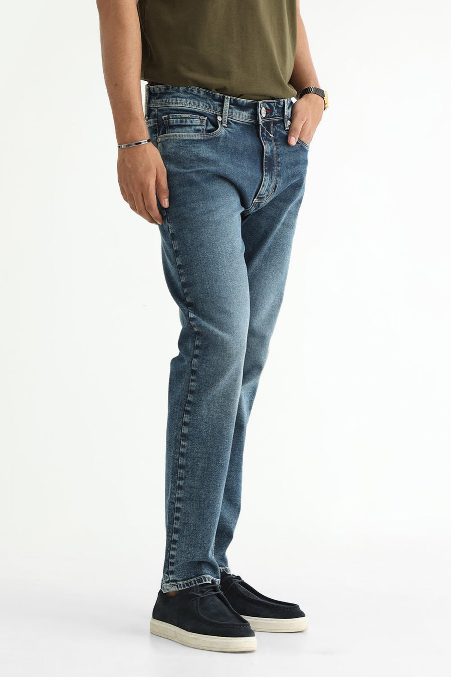 BASICS BLADE FIT TEAL COTTON STRETCH PLAIN JEANS