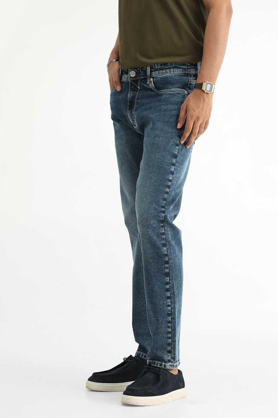 BASICS BLADE FIT TEAL COTTON STRETCH PLAIN JEANS