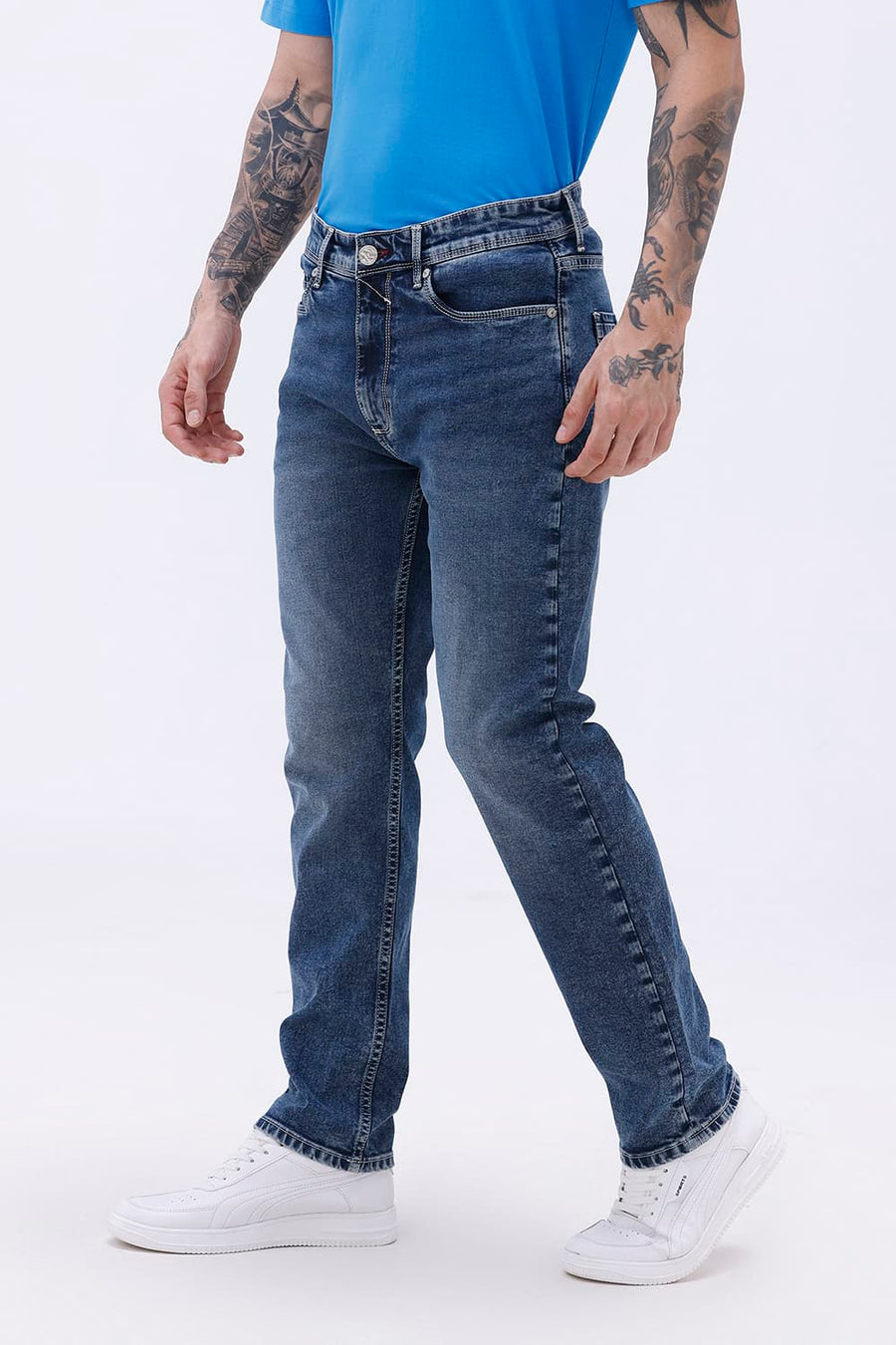 BASICS BLADE FIT TEAL COTTON STRETCH PLAIN JEANS