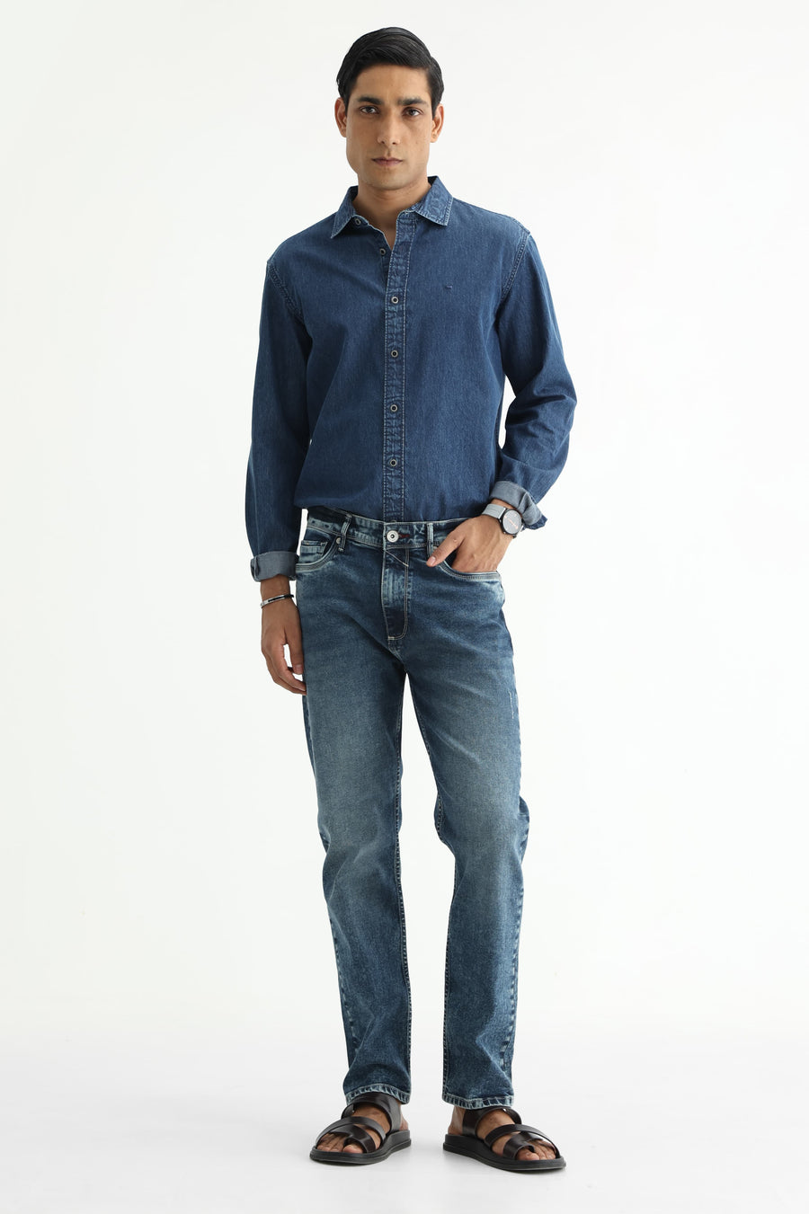 BASICS BLADE FIT GREY COTTON STRETCH PLAIN JEANS