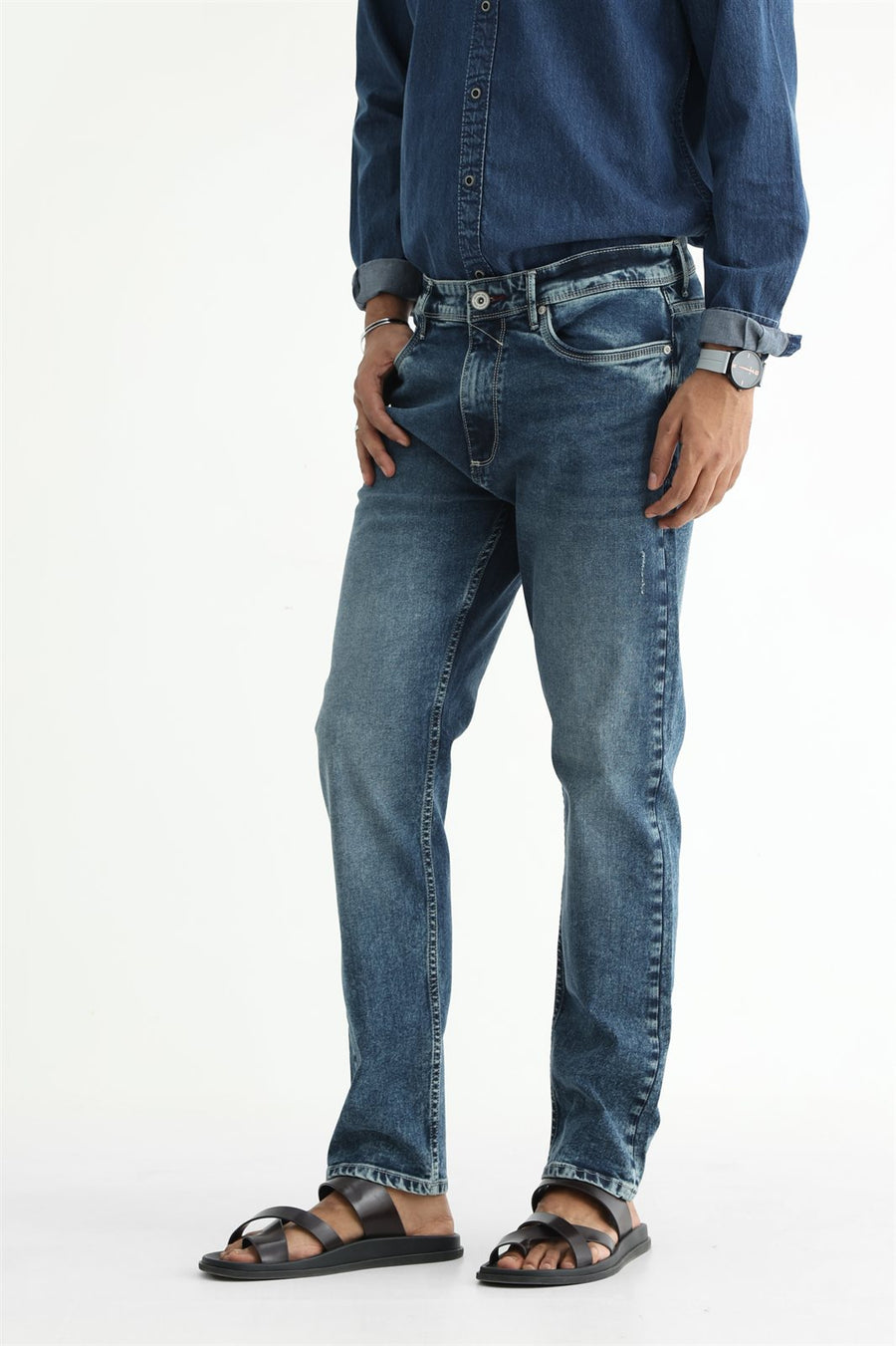 BASICS BLADE FIT GREY COTTON STRETCH PLAIN JEANS