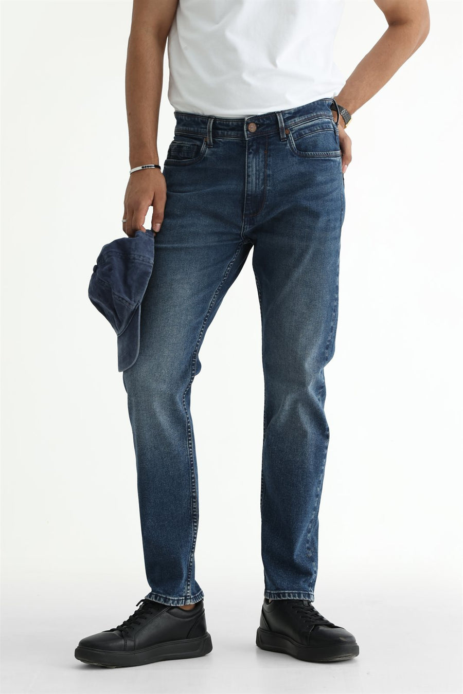 BASICS TORQUE FIT NAVY COTTON STRETCH PLAIN JEANS