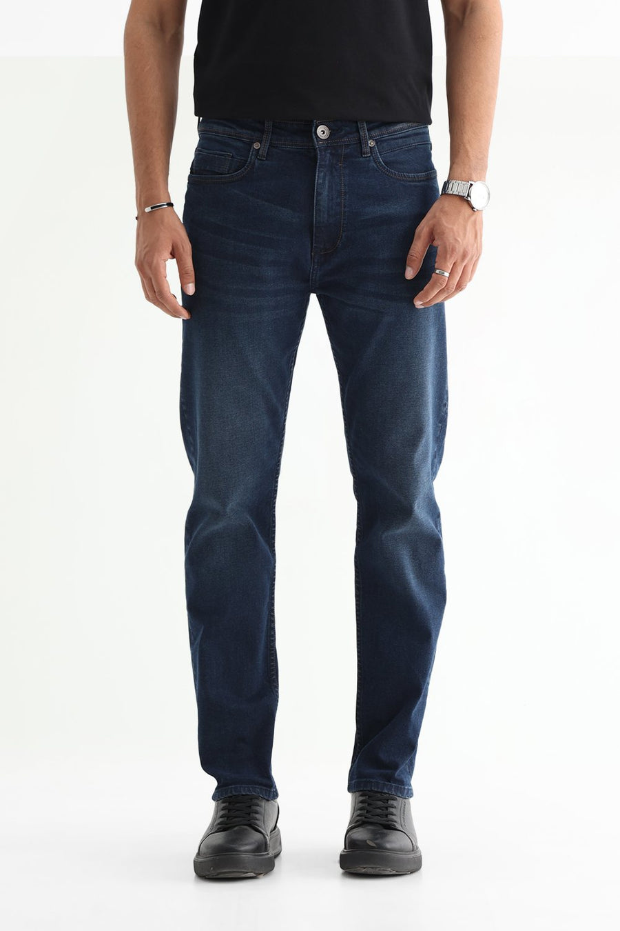 BASICS BLADE FIT NAVY COTTON STRETCH PLAIN JEANS