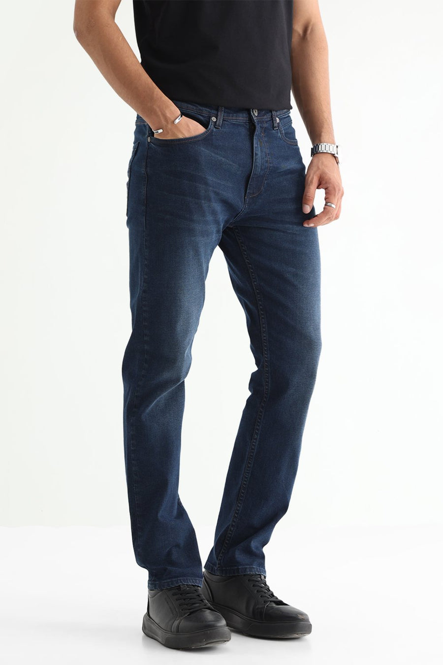 BASICS BLADE FIT NAVY COTTON STRETCH PLAIN JEANS