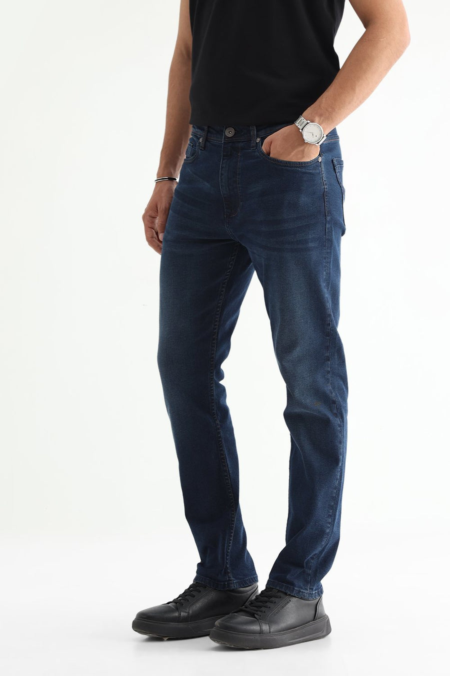 BASICS BLADE FIT NAVY COTTON STRETCH PLAIN JEANS