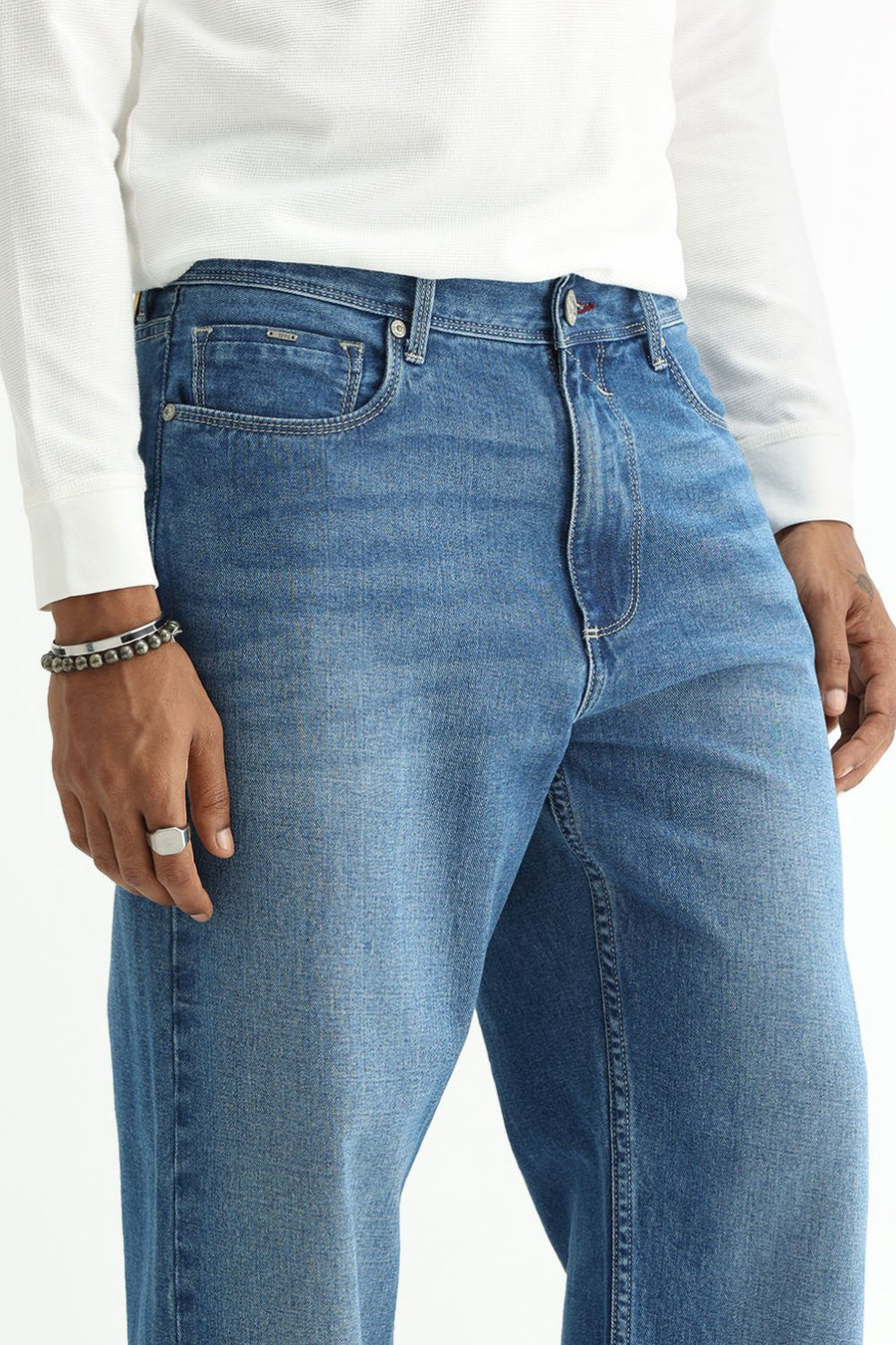 BASICS RELAXED FIT GREEN COTTON PLAIN JEANS