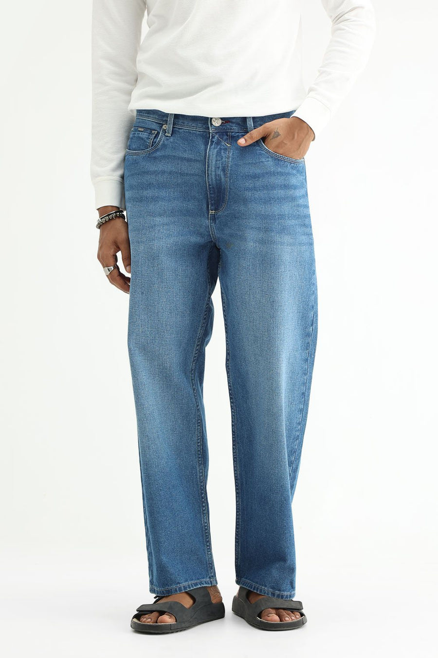 BASICS RELAXED FIT GREEN COTTON PLAIN JEANS