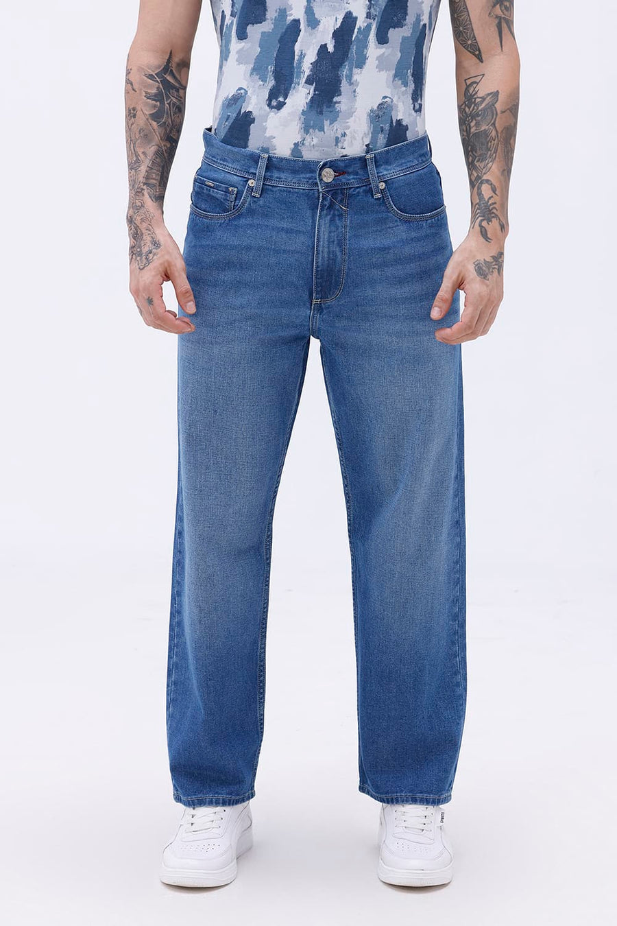 BASICS RELAXED FIT GREEN COTTON PLAIN JEANS
