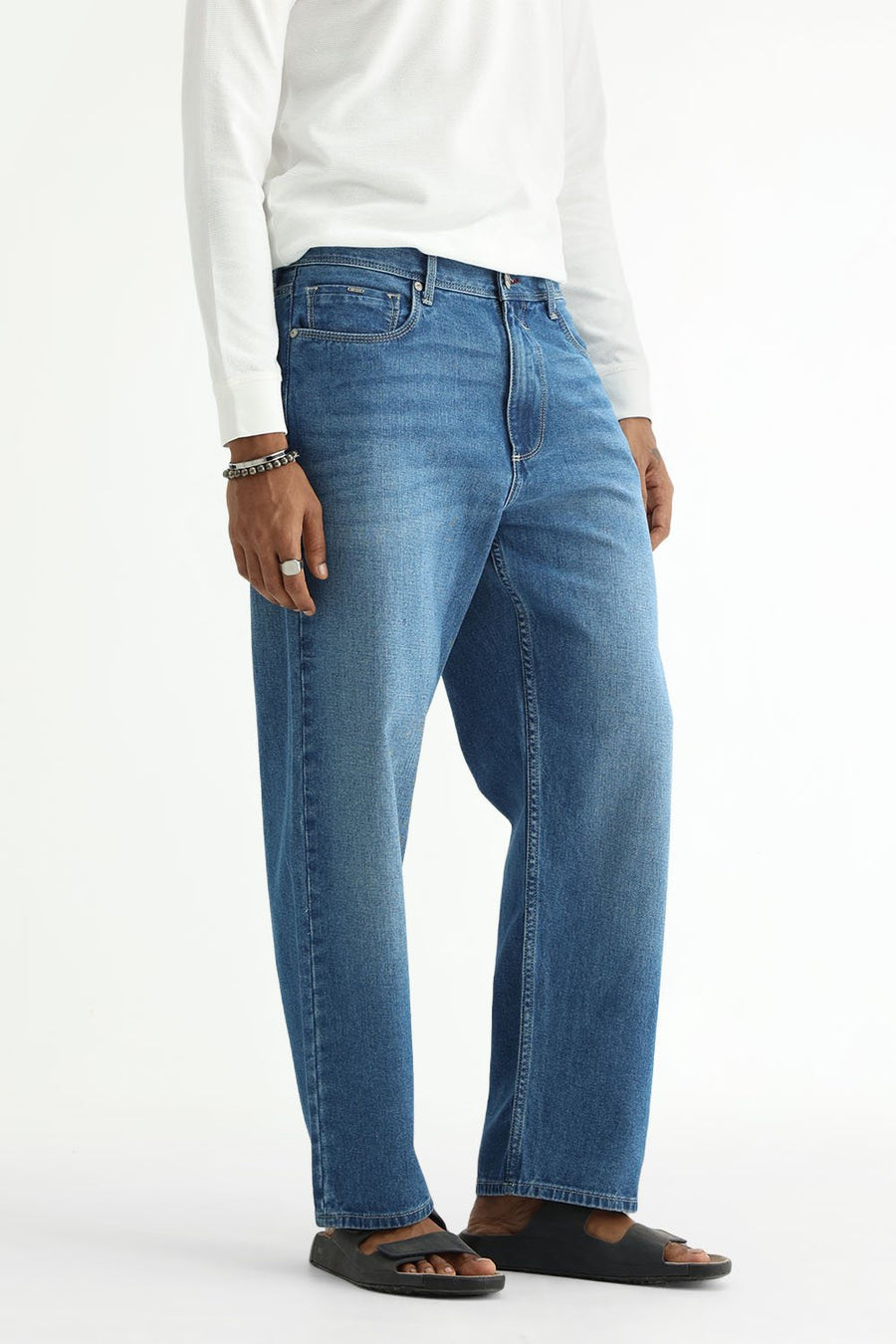 BASICS RELAXED FIT GREEN COTTON PLAIN JEANS