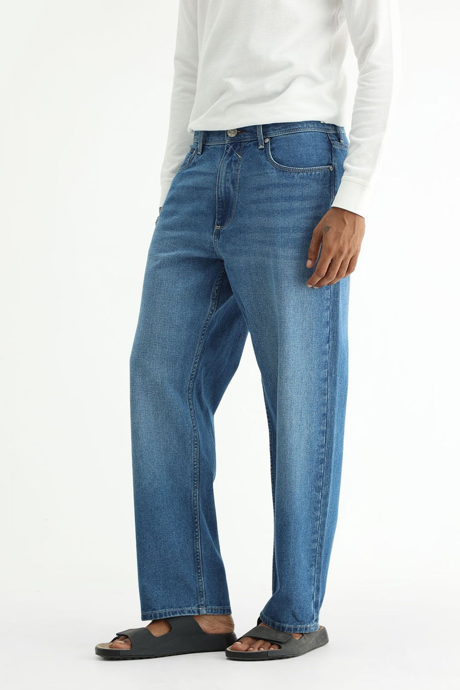 BASICS RELAXED FIT GREEN COTTON PLAIN JEANS