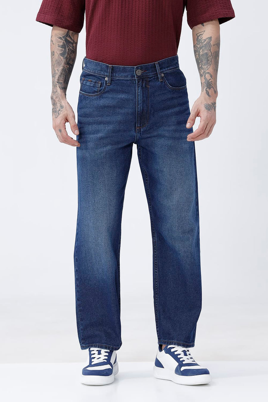 BASICS RELAXED FIT PURPLE COTTON PLAIN JEANS