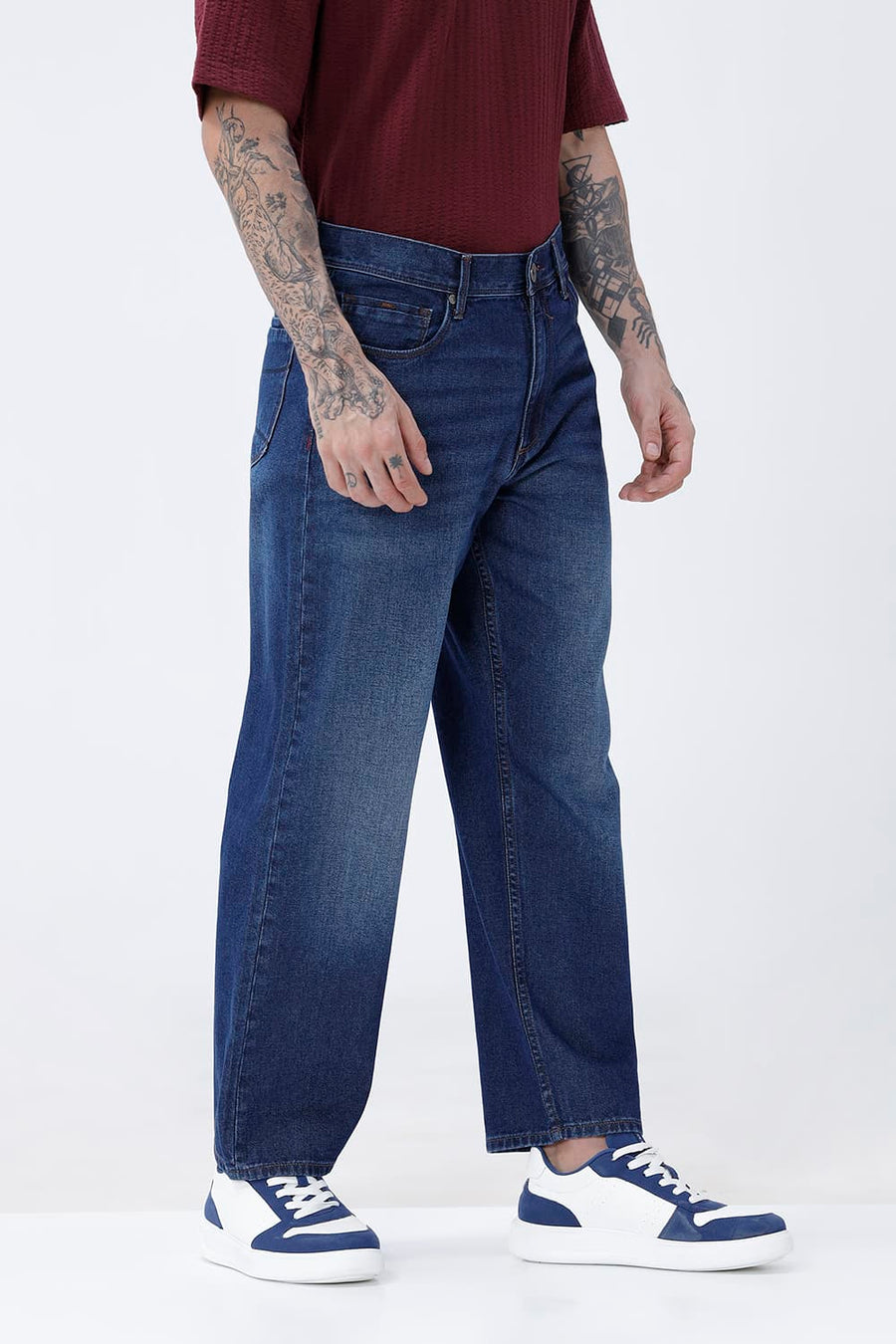 BASICS RELAXED FIT PURPLE COTTON PLAIN JEANS
