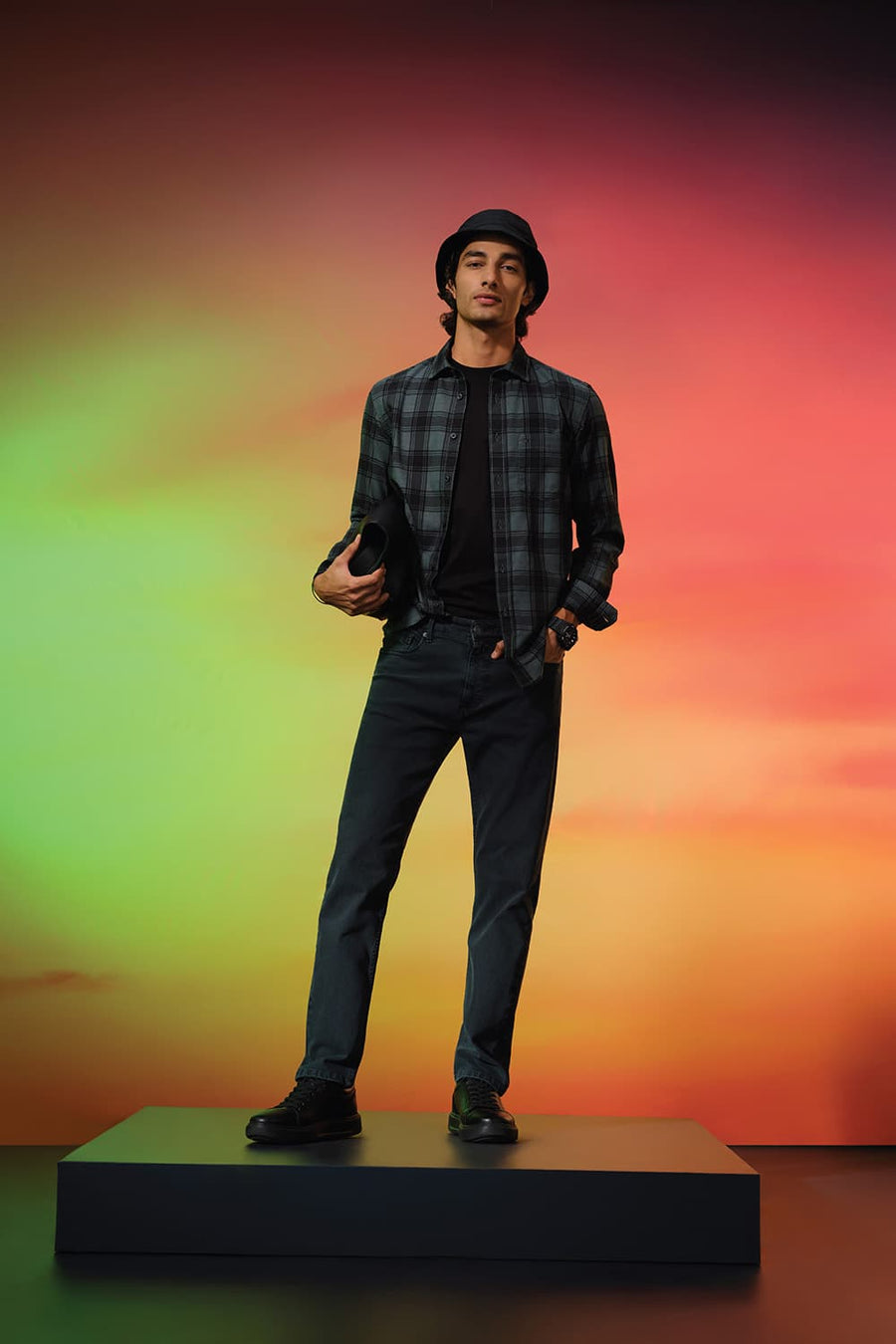 Basics Drift Fit Green Cotton Stretch Plain Jeans