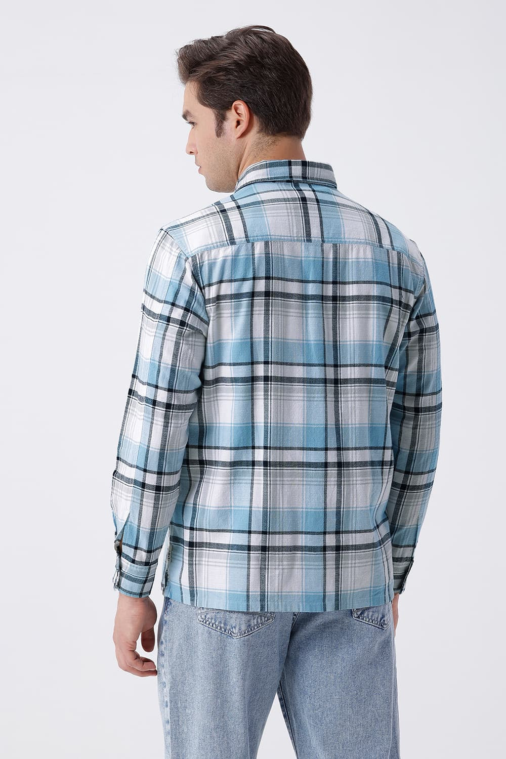 BASICS RELAXED FIT BLUE COTTON HOPSACK CHECKS OVERSHIRT