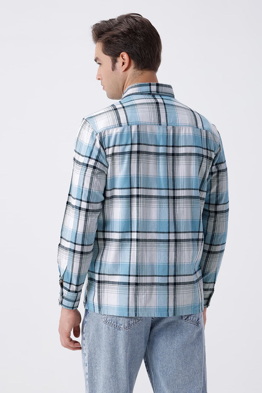 BASICS RELAXED FIT BLUE COTTON HOPSACK CHECKS OVERSHIRT